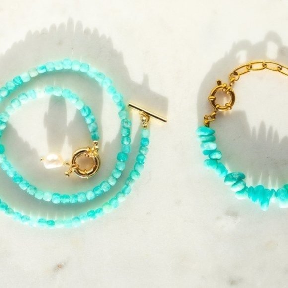 Amazonite Gemstone Necklace Gold Toggle Clasp Removable Baroque Pearl Genuine - Picture 8 of 11